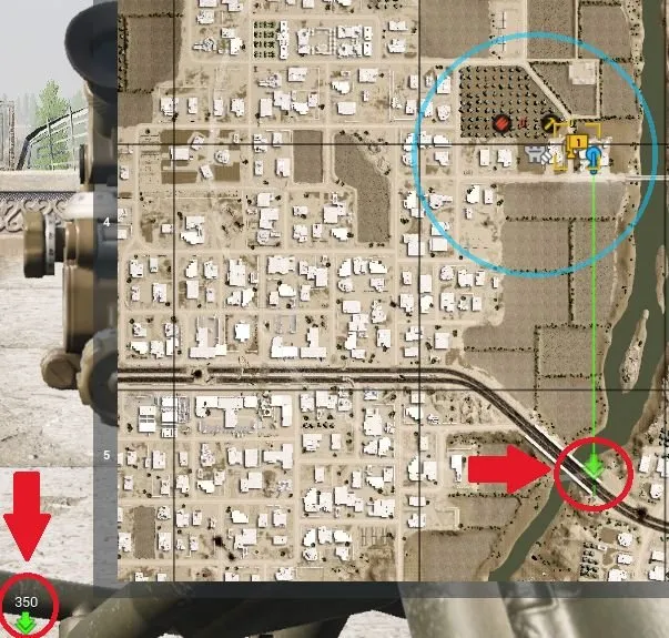Squad leader range marker shows 350 m while a calculator gives 391 m to the same target