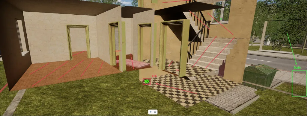 Geneva east building: C4 placed on the ground floor near the stairs, with the kill zone marked in red across the ground floor rooms and staircase
