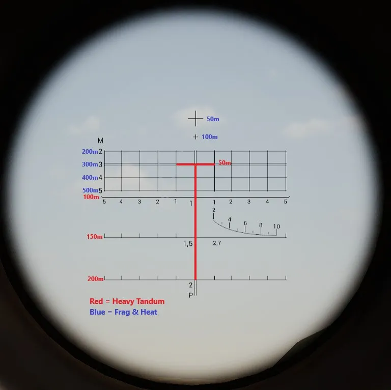 RPG-7 scope with range marks: blue for Frag and HEAT rockets from 50 to 500 m, red for the heavy Tandem rocket from 50 to 200 m