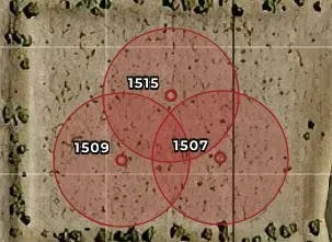 Three overlapping impact circles from three different elevation settings covering a wider area