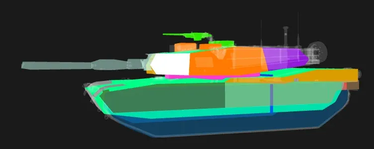 Squad Armor showing a tank in 3D, with its hull, turret and components shown as coloured armour zones