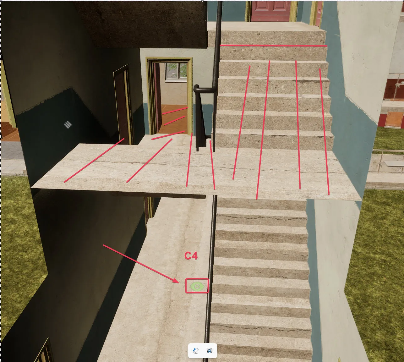 Stairwell of the tower south of Geneva: C4 on the lower landing, with the kill zone marked in red on the stairs and landing above